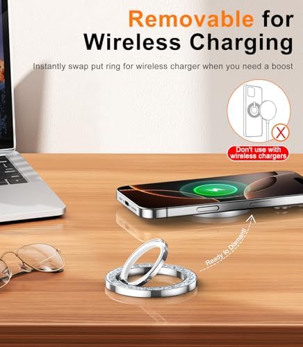 Temdan Glitter Silver Magnetic Phone Ring Holder for Mag Safe – Premium Grip and Stylish Stand for i Phone Pro Max 16 – Durable Upgrade Gear Hinge for Enhanced Flexibility and Hands-Free Viewing – Perfect Accessory for Seamless Connectivity and Fashionable Functionality