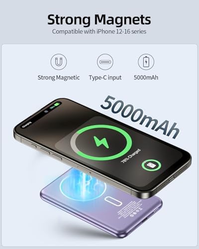 Magnetic Wireless Power Bank 5000 m Ah for i Phone 16 Series – Ultra-Slim Portable Charger with 15 W Fast Charging, PD 20 W USB-C Output, and Strong Adhesion for On-the-Go Convenience – Premium Aluminum Design with Intelligent Safety Features for Seamless Charging Experience