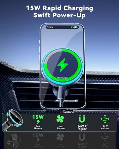 ESSAGER Mag Safe 15 W Fast Wireless Car Charger & Phone Holder – Effortless Magnetic Mount for i Phone 12 to 16 Pro Max, Air Vent & Dashboard Compatibility, Secure & Safe Charging for On-the-Go Convenience
