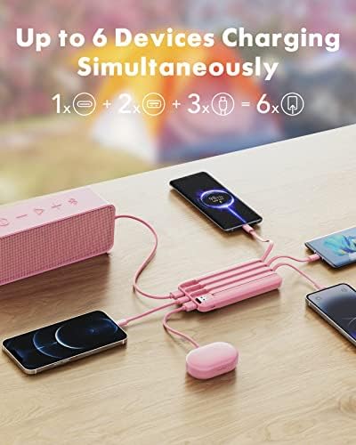 Sleek 10,000 m Ah Multi-Device Portable Charger with Built-In Cables – High-Speed 3 A Power Bank for i Phone, Samsung, Pixel, LG, Moto, i Pad – Ultimate Travel Essential with 6 Outputs for Effortless Charging on the Go
