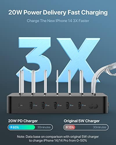 Soo Pii 60 W 6-Port USB-C Charging Station with 20 W Fast Charge – Multi-Device Power Hub for i Phone 14/13/12, Includes 6 Short Cables & 2-in-1 Holder for Organized Charging – Perfect for Home, Office & Travel