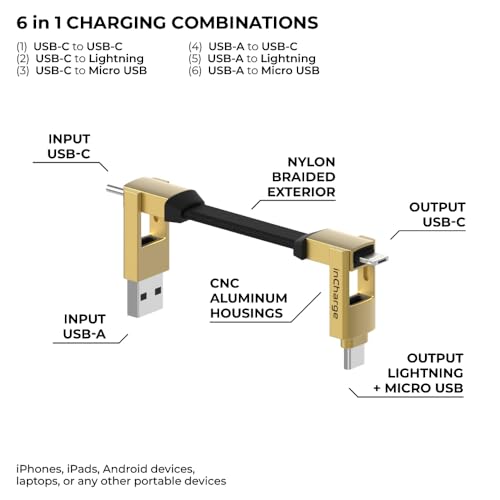 Ultimate 6-in-1 Keychain Charger: Rolling Square in Charge 6 – USB C, Lightning & Micro-USB Cable for Smartphones, 15 W Fast Charging, Stylish Gold Finish, Universal Compatibility for On-the-Go Power Solutions