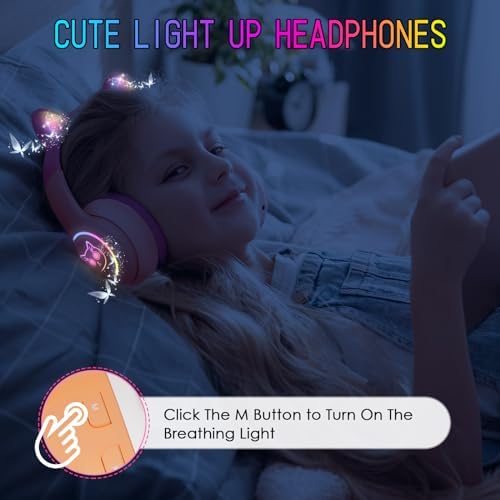 IFECCO Wireless Kids Bluetooth Cat Ear Headphones – Fun Light-Up Design with Volume Limiting Feature, Built-in Microphone, and Foldable Portability for Travel and Learning – Ultimate Gift for Young Music Enthusiasts