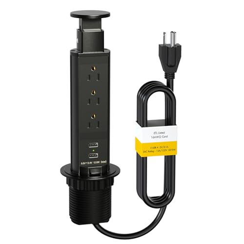 Elevate Your Charging Station with the Kungfuking Retractable Pop Up Outlet Socket – Versatile Power Hub Featuring 3 US Plugs & 2 USB Ports for Kitchen Counters, Conference Rooms, and Office Spaces, Sleek Black Design for Modern Aesthetics, Efficient Charging & Clutter-Free Organization