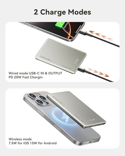 Ultra-Slim Kuulaa Mag Safe Battery Pack 5000 m Ah – Magnetic Portable Charger for i Phone 12-16 Pro Max with USB-C PD 20 W Fast Charging, Elegant Titanium Finish for On-the-Go Power Solutions