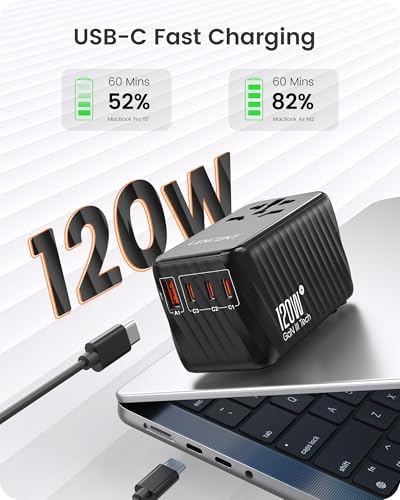 LENCENT 85 W Universal Travel Adapter with Retractable USB-C Cable – High-Speed International Plug Converter Featuring 3 Type-C & 1 USB-A Ports for Effortless Worldwide Charging – Your Ultimate Travel Essential for Maximum Compatibility, Fast Charging, and Ga N Technology Efficiency