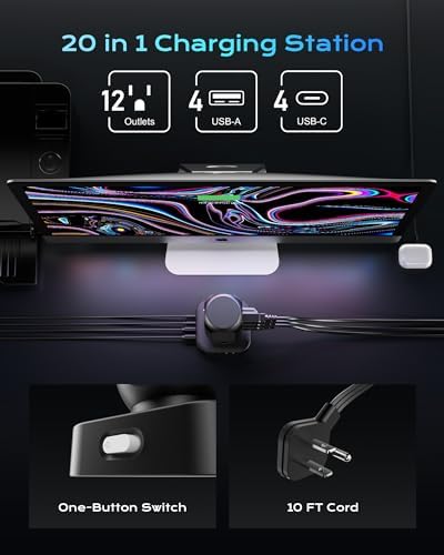 Revolutionize Your Charging Setup with the Flat Plug Power Strip Tower – 10 FT Extension Cord, 40 W Fast Charging Station Featuring 12 AC Outlets and 8 USB Ports (4 USB-C) for Ultimate Device Connectivity and Safety in Home, Office, or Dorm Room
