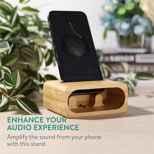 Navaris Bamboo Phone Stand – Bamboo Phone Stand for Desk – Enhanced Sound with Built-in Amplifier – Portable Bamboo Cell Phone Holder Charging Dock for Kitchen Office Bedside – Enhanced Compatibility and Speed