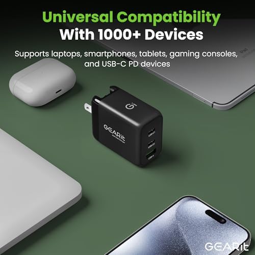 Power Up Your Devices Efficiently with the GEARit 65 W Ga N USB-C Triple-Port Fast Charger – PD 3.0 Wall Adapter for Seamless Charging of Apple, Samsung, Google, and Dell Devices – Compact, Lightweight Design with Superior Safety Features for Fast Multi-Device Power Delivery