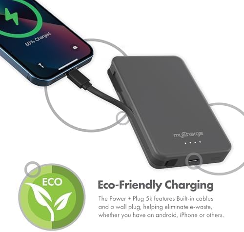 Ultra-Fast my Charge Power+Plug 20,000 m Ah Portable Power Bank with Built-in Charging Cable, USB-C Port, and Foldable Wall Plug – Ideal Travel Companion for Apple & Android Devices with 120 Hours of Reliable Power