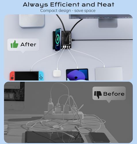 TOPOINT 7-in-1 Multi-Device Charging Hub with Wireless Charging Pad – 65 W Fast USB-C Power Strip for i Phone, Samsung, Mac Book, and More – Ultimate Compatibility and Space-Saving Design for Home and Office Use