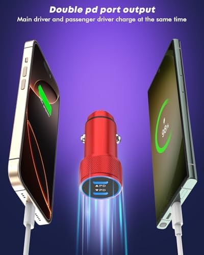 Fast Charge Dual USB-C Car Charger for i Phone 16/16 Pro Max/15 with Braided Nylon Cable – High-Speed PD3.0 Adapter for Convenient On-the-Go Charging – Durable, Compact Design for i Pad Compatibility – Tangle-Free Solution for Everyday Use – Essential Road Trip Companion