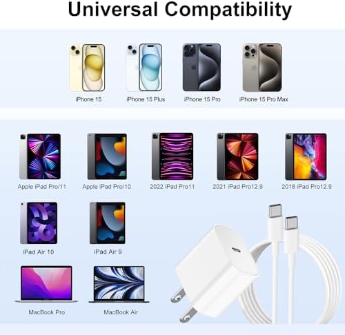 Ultimate 20 W Fast Charging Solution: Apple Certified 6 ft USB-C to Lightning Cable with High-Speed Charger Block – Ideal for i Phone 14 Pro Max, 13 Plus, 12 Mini, 11 & i Pad – Convenient 2-Pack for Home and On-the-Go Use