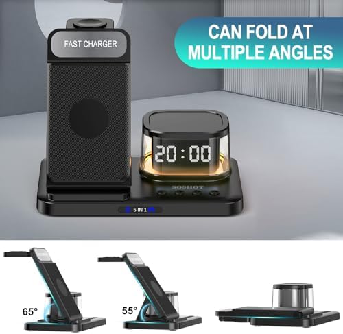 Elevate Your Charging Game: 5-in-1 Foldable Wireless Fast Charger with Integrated Night Light & Transparent Clock for Apple Devices – Ideal for i Phone 16/15/14/13/12/11 Pro Max, Apple Watch, and Air Pods – Sleek Green Design for Ultimate Portability and Style