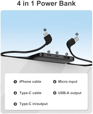 miisso 10000 m Ah Ultra-Slim Portable Power Bank with Integrated Charging Cables – Multi-Device USB-C Travel Charger for i Phone & Samsung – Compact, Lightweight Battery Pack Designed for Maximum Portability and Efficiency