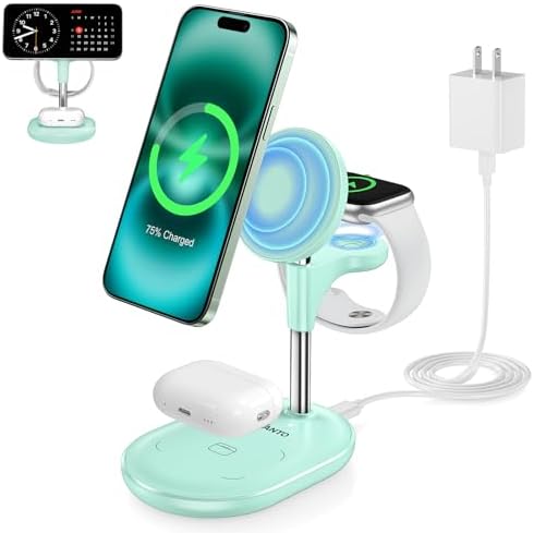 All-in-One Wireless Charging Station for Apple Devices – 15 W Fast Qi-Certified Mag-Safe Charger for i Phone 16, 15, 14, 13, 12, Apple Watch & Air Pods – Adjustable Viewing Angle, Ideal Gift for Women – Enhance Your Charging Efficiency and Style