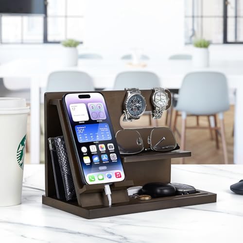Wood Phone Docking Station Key Holder Stand Watch Organizer Men Gift Husband Wife Anniversary Dad Birthday Nightstand Purse Father Graduation Male Travel Idea Gadgets – Enhanced Compatibility and Speed