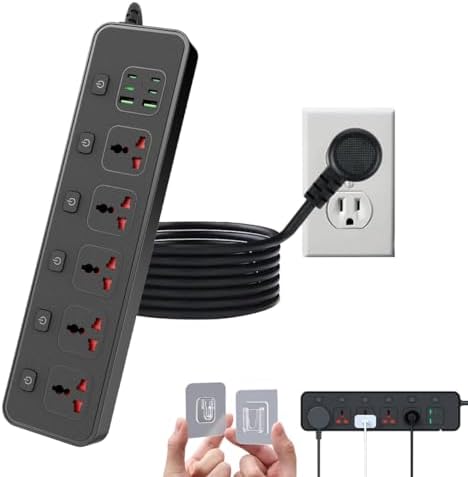 Jumpso European Travel Plug Adapter with Individual Switch – 6 ft Universal Power Strip with 5 AC Outlets and 6 USB Ports (4 USB-C) – Maximum 3000 W Surge Protector for Safe and Efficient Charging in Office and Travel Environments – Compact, Versatile, and Energy-Saving Solution for All Your Devices