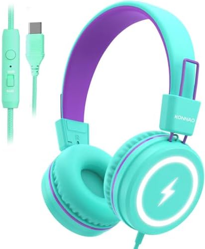 Kid-Friendly USB Type C Headphones with LED Lights – Safe Volume Limiter (85 d B/94 d B) for School Use, Foldable On-Ear Design for Comfort and Portability, Integrated Microphone for Learning and Gaming Fun – Perfect for i Pad and More