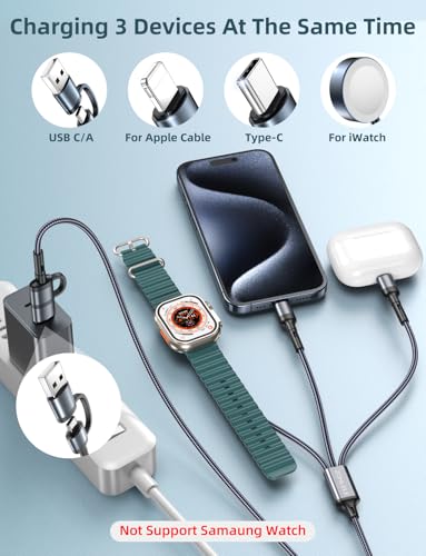 4 FT USB-C Multi-Device Charging Cable Duo for Apple Watch and i Phone – Superior 3-in-2 Charging Solution for i Watch Models and i Phone 16/15/14/13/12/11 & Galaxy S23 – Enhanced Rapid Charging, Exceptional Durability, and Total Convenience for Mobile Users