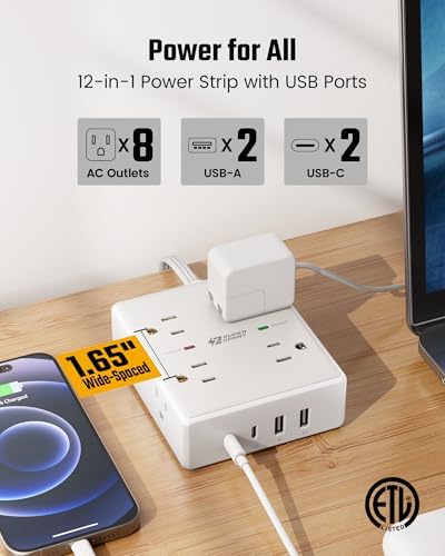 15 Ft Surge Protector Power Strip with 8 Outlets & 4 USB Ports – Wall Mountable Flat Plug Charging Station for Home, Office, and Dorm Room – High-Speed USB-C Compatible Extension Cord for Ultimate Device Connectivity and Safety