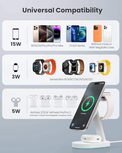 Ultimate 3-in-1 Wireless Charging Station for i Phone, Apple Watch, and Air Pods – Qi2 Certified 15 W Magnetic Charger with 30 W USB-C Adapter & Integrated Night Light – Streamlined Design for i Phone 16/15/14/13/12 – Superior Speed and Enhanced Compatibility for Modern Tech Users