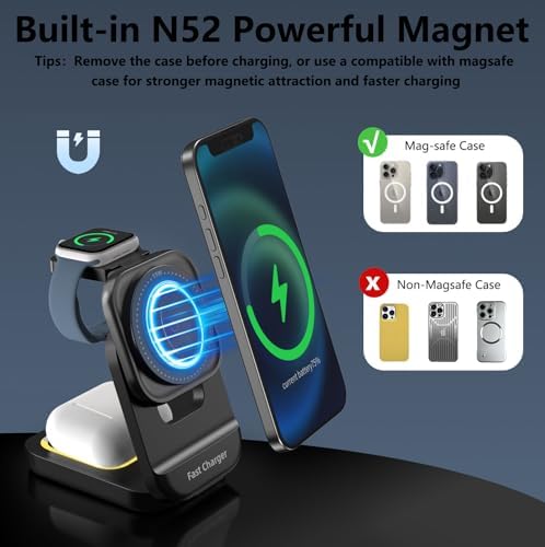 Mag Safe-Compatible 3-in-1 Wireless Charging Station – 15 W Foldable Magnetic Charger for i Phone 16/15/14/13/12, Apple Watch, and Air Pods – Portable Multi-Angle Design for Home, Office, and Travel with Fast Charging & Safety Features – Ideal Gift for Tech Enthusiasts