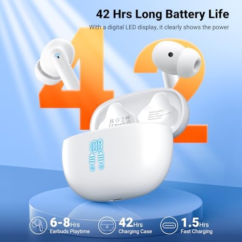 Aoslen Bluetooth 5.3 Wireless Earbuds – Ultimate Hi-Fi Stereo Experience with 42-Hour Playtime, IPX7 Waterproof Rating for Active Lifestyles, Enhanced Call Clarity via 4 ENC Microphones, LED Battery Display for Seamless Compatibility with i OS and Android Devices