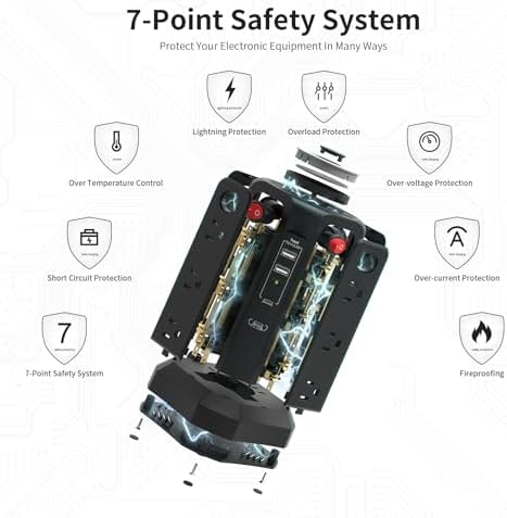 PASSUS Surge Protector Power Strip Tower with 12 AC Outlets and 5 High-Speed USB Ports – 10 FT Extension Cord with Overload Protection and Built-In Night Light for Home Office and Dorm Room – Sleek Black Design for Ultimate Charging Efficiency
