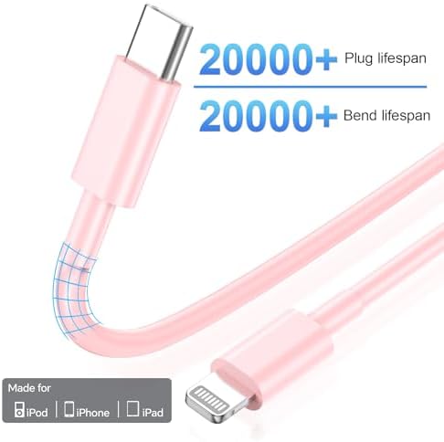 Elevate Your Charging Experience with the MFi Certified 20 W PD USB C Wall Adapter & Pink Lightning Cable Set – Fast Charging Solution for i Phone 14/13/12/11/Pro/Pro Max/Xs/Xr/X – 3-Pack for Home, Office, and Travel Convenience – Stylish & Durable Design for Ultimate Performance
