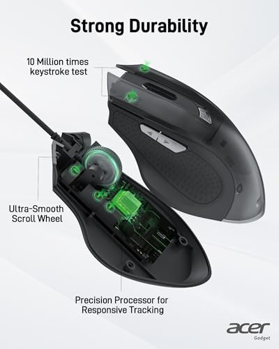 Acer Wired Mouse with 4 Customizable DPI Settings – Ergonomic USB Computer Mouse with 6 Buttons, 5-Foot Durable Cord – Perfect for Laptops, i Macs, and PCs – Superior Precision for Gaming and Daily Use