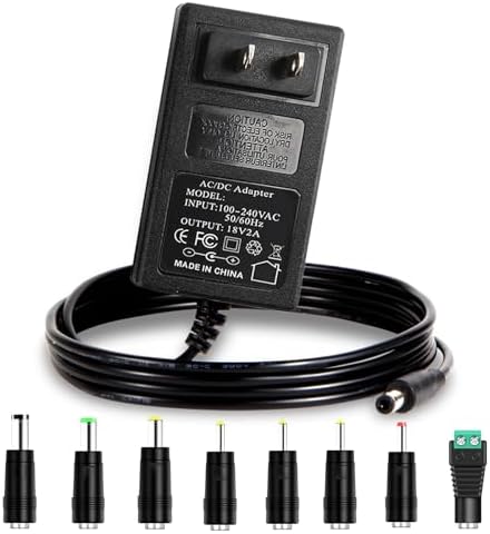 Universal 18 V 2 A AC Adapter with 8 Interchangeable Tips – Versatile and Compact Power Supply for 100-240 V Input, Ideal for 1 A to 2 A Devices – Reliable DC Converter with Standard 5.5 x 2.5 mm Output Jack – Perfect for Home, Travel, and Electronic Equipment Compatibility