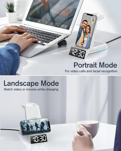 Revolutionize Your Charging Routine with the 4-in-1 Wireless Charging Station Featuring Alarm Clock – Ideal Dock for i Phone 16, 15, 14, 13, 12, 11, X, 8, Air Pods 3/Pro & Apple Watch Series 9-2 – Ultimate Speed & Compatibility for Modern Devices