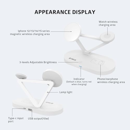 TOALLIN 5-in-1 Magnetic Wireless Charging Station with Night Light – Ultimate Fast Charging Dock for i Phone 12, 13, 14, 15 Pro Max, Air Pods & Apple Watch Series – Streamlined Design for Home & Office Use, Enhanced Compatibility & Convenience