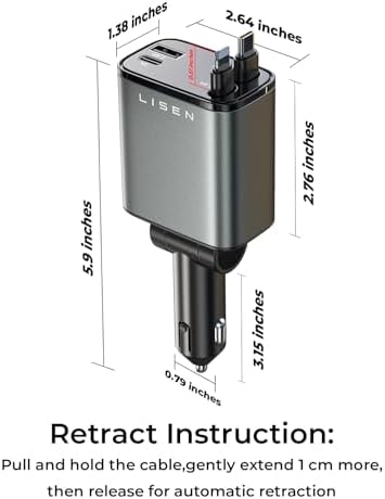 LISEN 69 W Retractable Car Charger for i Phone 16 – Fast USB-C Charging Adapter for Trucks and Cars, Tangle-Free Design, Essential Travel Accessory for Rapid Power Boost, Compatible with i Phone 16, 15, 14, 13, 12 Pro Max, Durable and Efficient