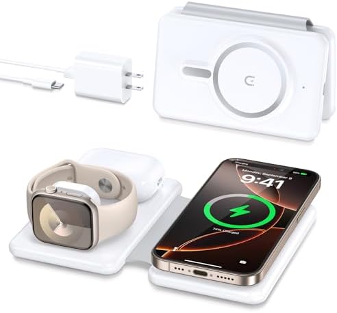 Revolutionize Your Charging Experience with the Ultimate 3-in-1 Wireless Charging Station for i Phone, Apple Watch, and Air Pods – Magnetic Foldable Design for Enhanced Portability and Fast Charging Compatibility with i Phone 16, 15, 14, 13, 12 Pro Max Plus – Effortlessly Streamline Your Tech Setup and Eliminate Cable Clutter – Durable and Stylish Solution for Home and Office Use