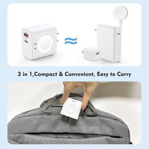 23 W 3-in-1 Multi-Device Charger for Apple Watch & i Phone – Rapid Dual Port USB-C & USB-A Power Adapter with Wireless Magnetic Charging for i Watch Ultra/SE/10/9/8 & i Phone 16/15/14 – Compact Travel Charger for Efficient Power Solutions