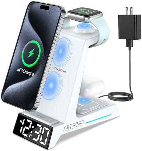 Revolutionize Your Charging Routine with the 4-in-1 Wireless Charging Station Featuring Alarm Clock – Ideal Dock for i Phone 16, 15, 14, 13, 12, 11, X, 8, Air Pods 3/Pro & Apple Watch Series 9-2 – Ultimate Speed & Compatibility for Modern Devices