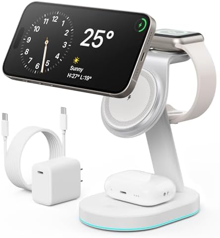 Ultimate 3-in-1 Wireless Charging Station for i Phone, Apple Watch, and Air Pods – Qi2 Certified 15 W Magnetic Charger with 30 W USB-C Adapter & Integrated Night Light – Streamlined Design for i Phone 16/15/14/13/12 – Superior Speed and Enhanced Compatibility for Modern Tech Users