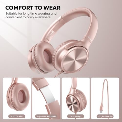 Transform Your Audio Journey with Cowyawn’s Premium USB Type-C Over-Ear Headphones – Stunning Rose Finish, Superior HD Stereo Sound, and Integrated Microphone for Effortless Communication – Ideal for Chromebook, Laptop, and i Phone Users Seeking Optimal Comfort with Portable, Foldable Design