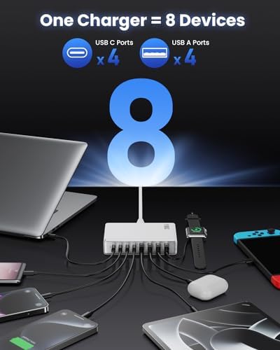 200 W Ga N IV USB-C Charging Hub: 8-Port Fast Charging Station with PD 65 W for Laptops, i Phones, i Pads, and Steam Deck – Compact & Efficient Power Adapter in Striking Red for Ultimate Device Versatility