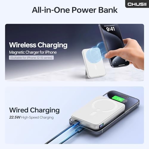 Mag Safe-Compatible 12000 m Ah Wireless Power Bank with Built-in Stand – Rapid PD 20 W Magnetic Charger for i Phone 16/15/14/13/12 Pro Series – Ultimate Travel Companion with Seamless Connectivity and Enhanced Device Usability