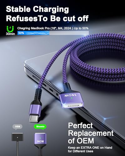 140 W Magnetic USB-C to Mag Safe 3 Charger for Mac Book Pro & Air – 6 Feet Long Fast Charging Cable for Enhanced Performance and Compatibility – Ideal for 16/14 Inch Mac Book Pro and 15/13 Inch Mac Book Air – Durable, Reliable Power Solution for On-the-Go Users
