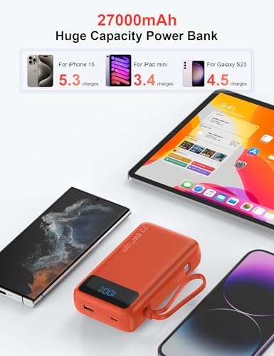 High-Capacity 27000 m Ah Portable Power Bank with Built-In Cable for i Phone 15/16 Series – Fast-Charging USB-C Battery Pack, LED Display for On-the-Go Charging, Reliable Travel Companion for All Smartphones