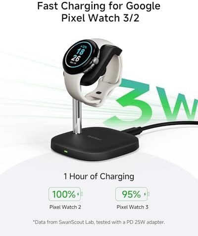 Sleek Black Fast Charging Stand for Google Pixel Watch 3/2 & Swan Scout 505 G2 – Stylish, Compact Charger Base with Advanced Safety Features and Rapid Power Delivery for Smartwatch Enthusiasts