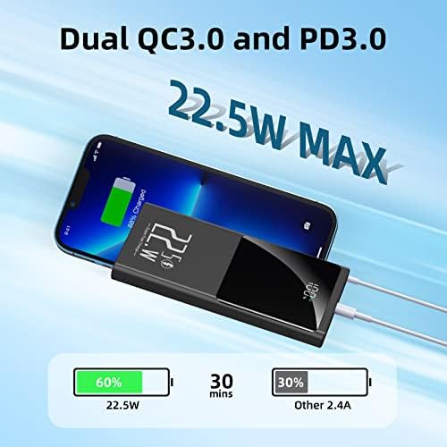 Ultra-Slim 10000 m Ah Portable Charger with 22.5 W Fast Charging – Compact Power Bank for i Phone 12-16, Samsung, Google & Android Devices – LCD Display & Dual USB-C Ports for Effortless Charging on the Go