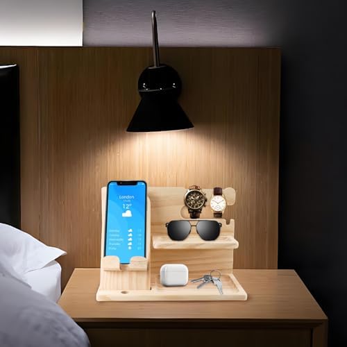 Stylish Wood Nightstand Organizer for Men – Elegant Beige Phone Docking Station & Desk Accessory with Dedicated Compartments for Keys, Wallets, Glasses – Practical Gift Idea for Birthdays & Special Occasions – Enhance Your Bedroom Aesthetics & Simplify Your Nightly Routine