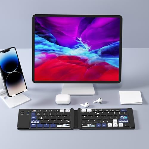 Ultra-Portable XVX WK60 Foldable Bluetooth Keyboard with Kanagawa Wave Art – Multi-Device Compatible Wireless Keyboard for i Pad, i Phone, Mac Book, Android & Windows – Long-Lasting 20-Hour Battery Life – Elevate Your Typing Experience Anywhere