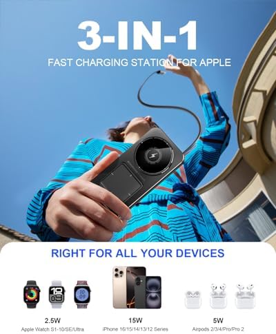 Ultimate 3-in-1 Magnetic Wireless Charging Station with Retractable Cable – Fast 15 W Charger for i Phone 16, 15, 14, 13, 12, Apple Watch & Air Pods – Portable Foldable Design with 20 W Adapter for Home, Office & Travel – Enhanced Safety Features & Cable Management Solutions