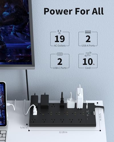 Ultimate Surge Protector Power Strip with 19 Outlets & 4 USB Ports – Heavy-Duty 6.5 Ft Extension Cord, 1875 W Power Capacity, 2100 Joules Surge Protection, Wall Mountable for Home, Office, and Gaming – Efficient Power Management Solution in Sleek Black Design